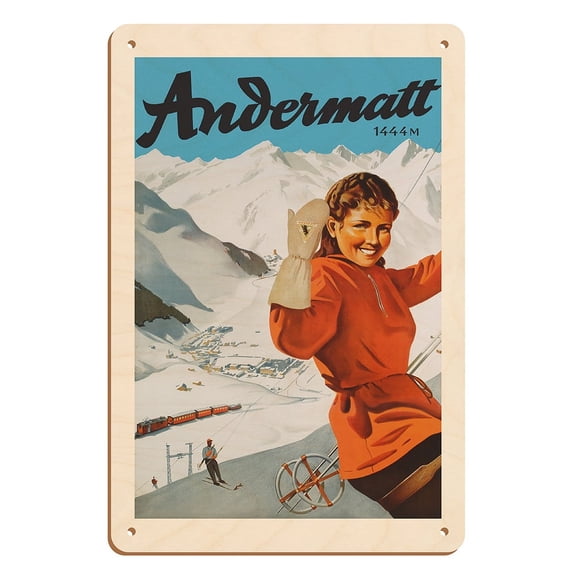 Andermatt Village Switzerland - Swiss Alps - Skiing - Vintage Travel Poster c.1940s - 8 x 12 inch Vintage Wood Art Sign