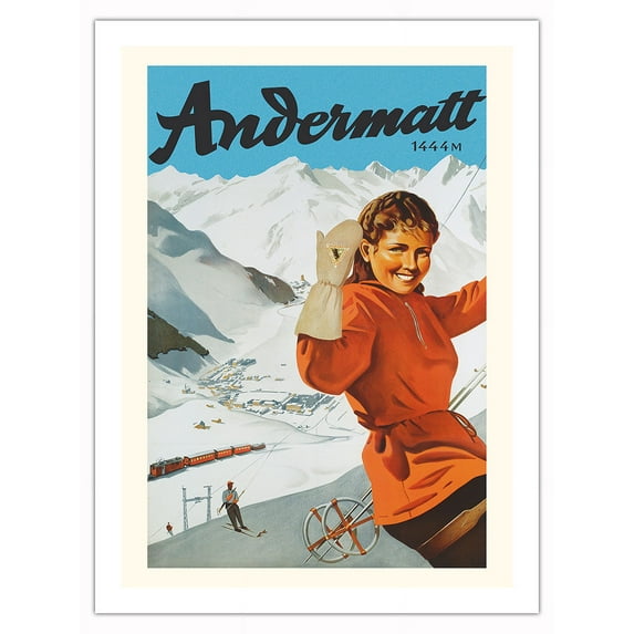 Andermatt Village Switzerland - Swiss Alps - Skiing - Vintage Travel Poster c.1940s - Bamboo Fine Art 290gsm Paper Print (Unframed) 24x32in