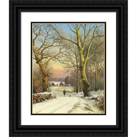 Anders Andersen-Lundby 15x18 Black Ornate Wood Framed Double Matted Museum Art Print Titled - Winter Day in the Forest, North Zealand. a Man Airs the Dog (1874)