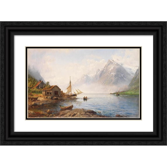 Anders Monsen Askevold 18x13 Black Ornate Wood Framed Double Matted Museum Art Print Titled - Norwegian Fjord (Sognefjord) (1894)