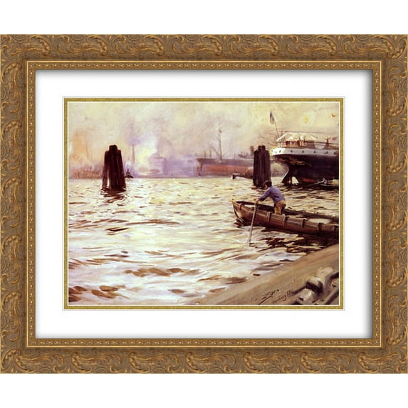 Anders Zorn 2x Matted 24x20 Gold Ornate Framed Art Print 'Hamburgs Hamn'