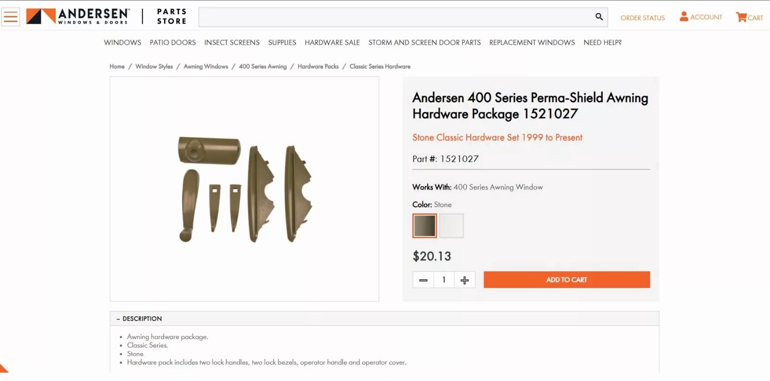 Andersen 1521027 Stone Hardware Pack Perma-Shield Improved/E-Z Awning Windows