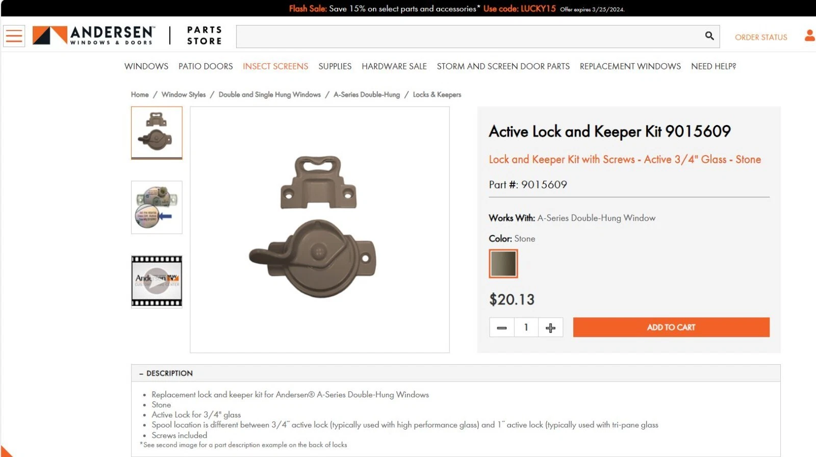 Andersen 9105609 A Series Stone Sash Lock & Keeper Double Hung Windows (2008 On)