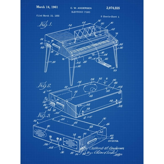 Andersen Wurlitzer Electronic Piano Music Instrument 1961 Patent Plan Extra Large XL Wall Art Poster Print