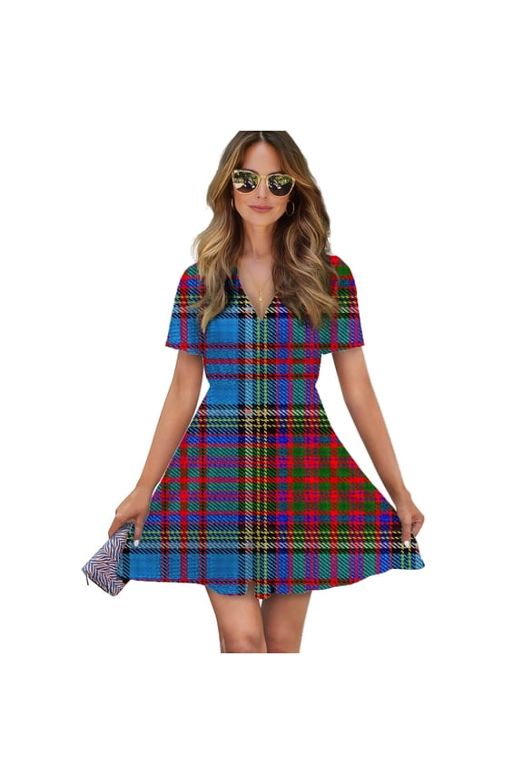 Anderson Clan Tartan Women Dress V-Neck Short Sleeve Flowy Swing Party Midi Dress