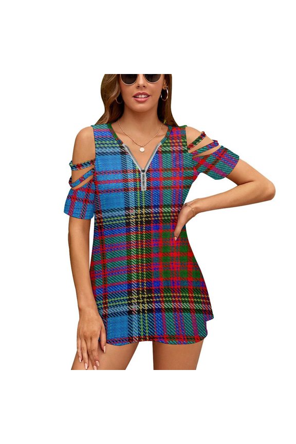 Anderson Clan Tartan Womens Summer V Neck Zipper Top Short Sleeve T Shirt Off Shoulder Top Casual Classy Loose Shirts