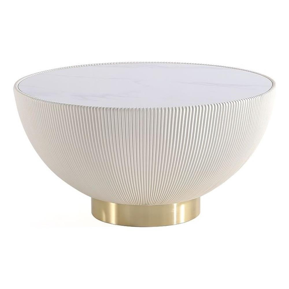 Cream Round Coffee Table with Faux Marble Top and Gold Base