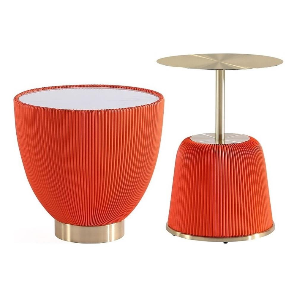 Orange Pleated Leatherette and Gold Metal Round Accent Table Set