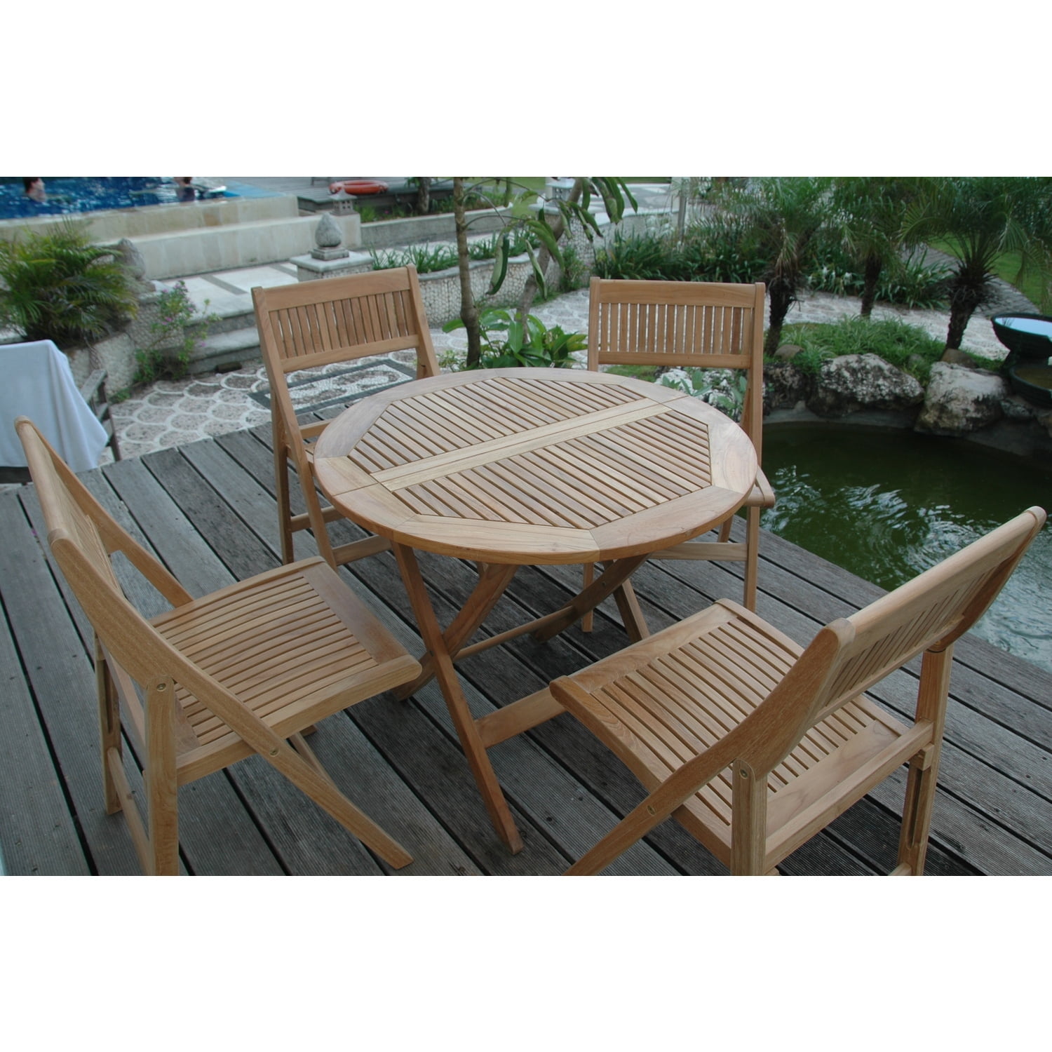 Windsor Natural Teak Round Folding Picnic Table Set