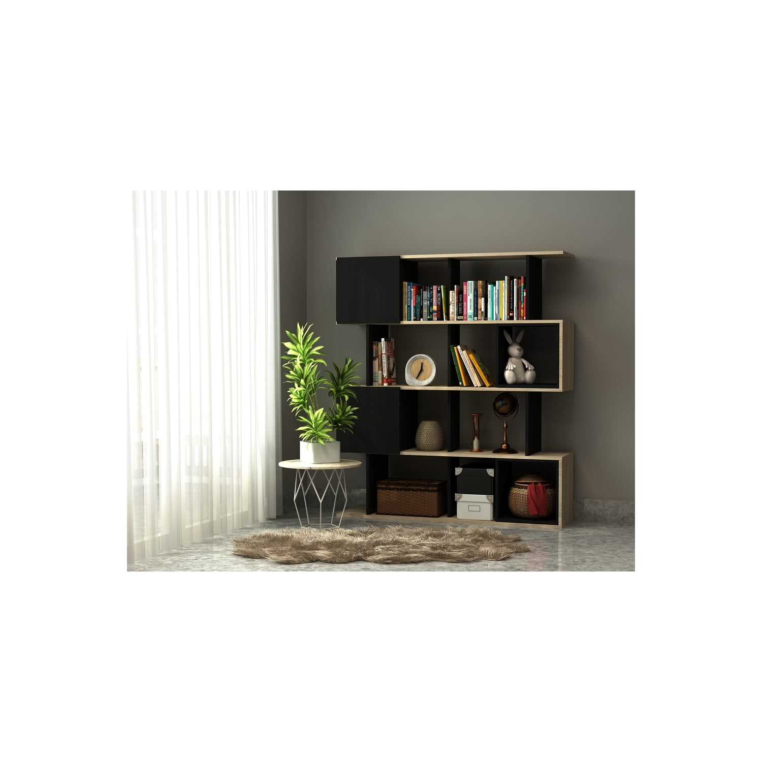 Black and Natural Wood Geometric Bookcase with Doors