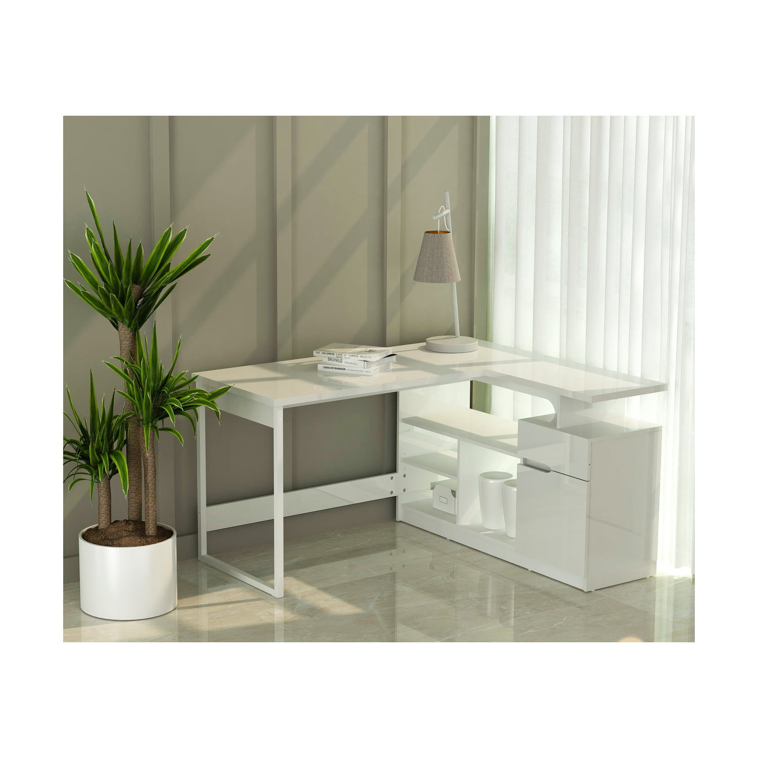 Glossy White L-Shaped Corner Computer Desk with Drawer
