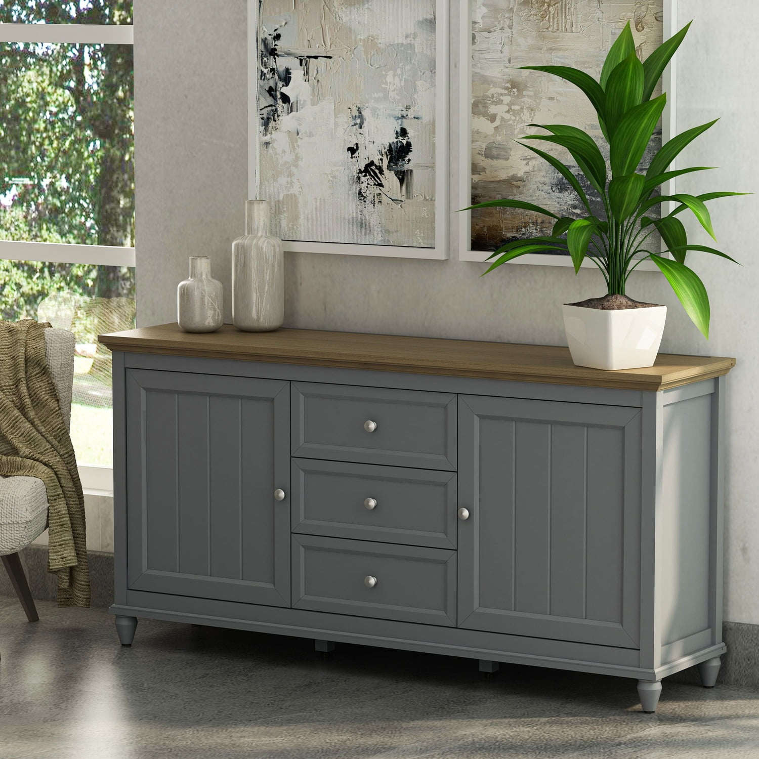 Gray and Brown 63'' Soft-Close Sideboard