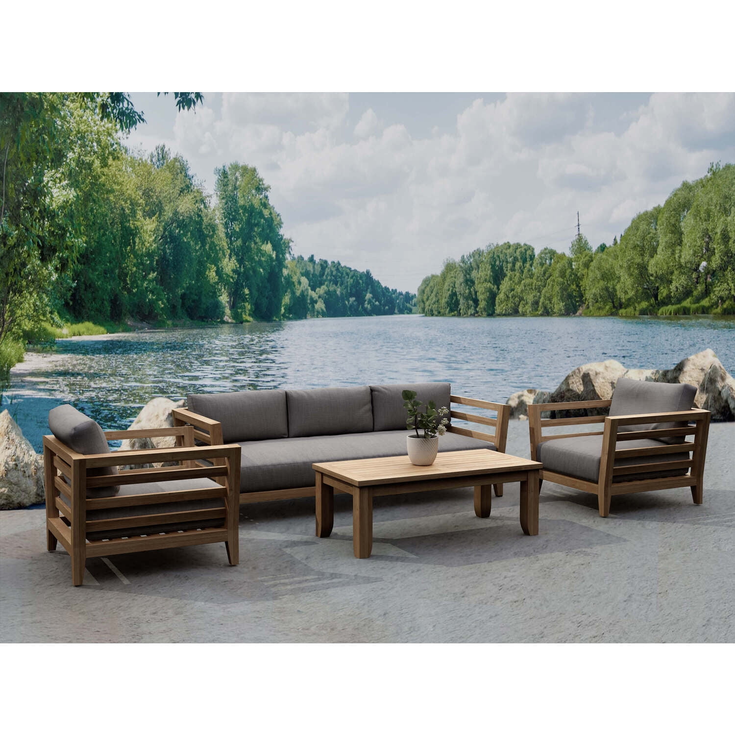 Cordoba 4-Piece Teak Outdoor Conversation Set with Gray Cushions