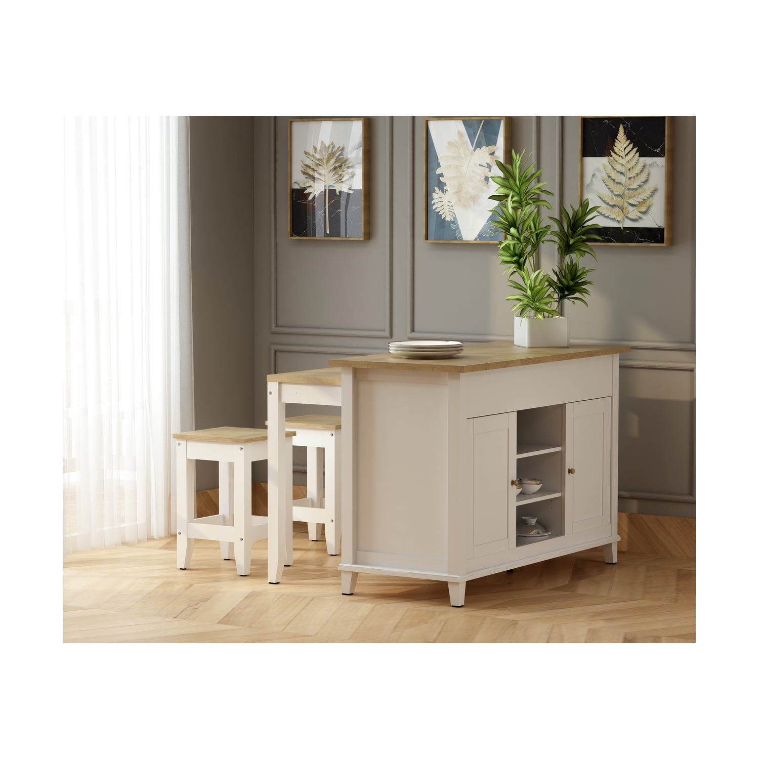 Delphi White Teak Kitchen Island Cabinet with Stools