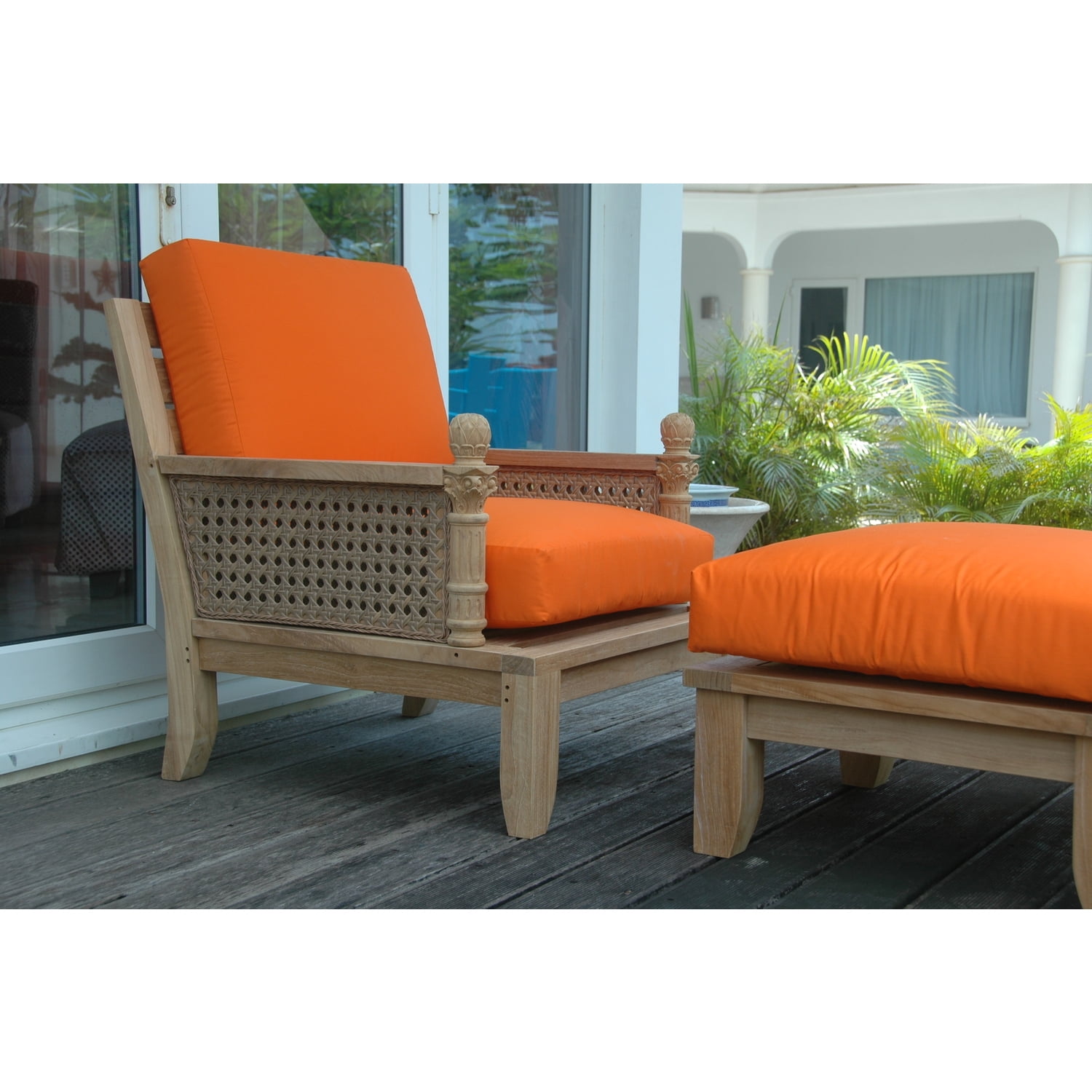 Teak Lounge Chair with Orange Cushions and Wicker Sides