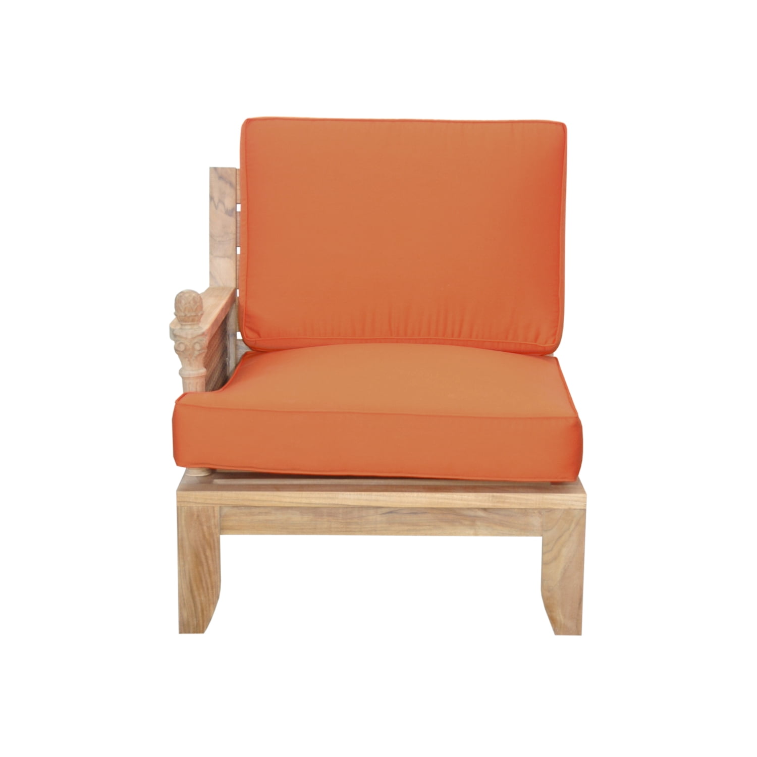 Teak and Rattan Outdoor Lounge Chair with Orange Cushions