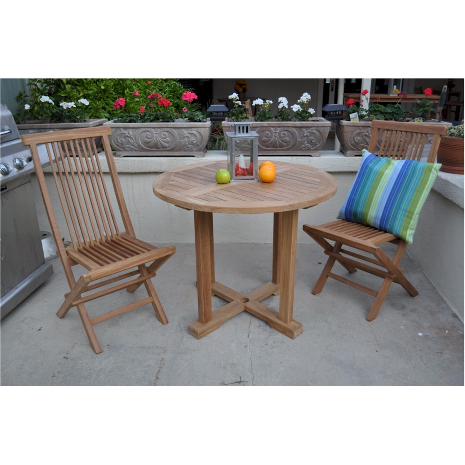 Anderson Teak Round Table with Folding Chairs Outdoor Dining Set