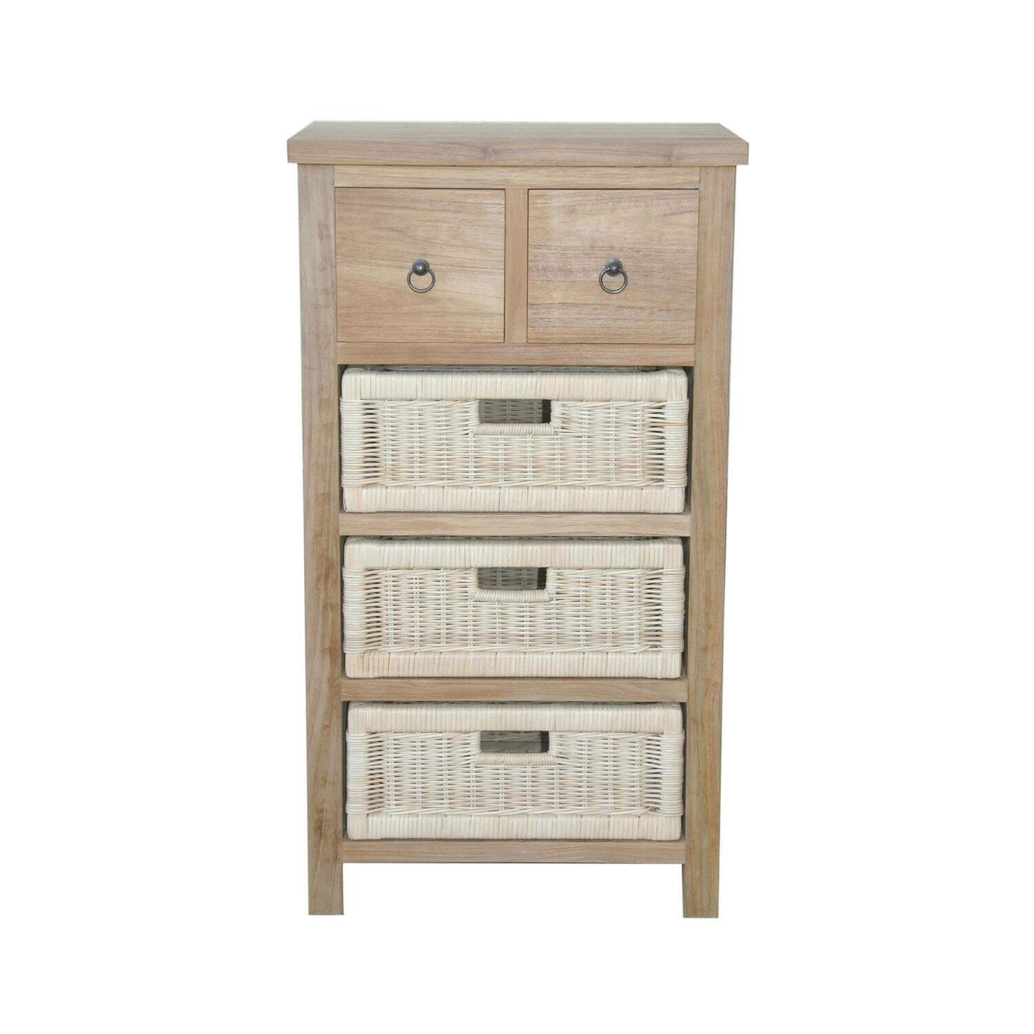 Teak and Rattan 3-Basket Storage Chest