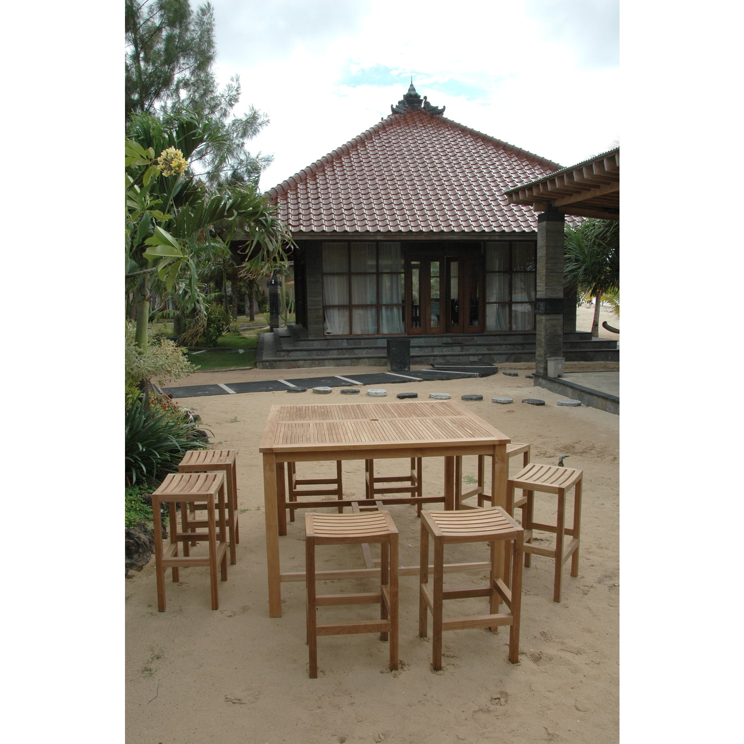 Natural Teak 9-Piece Outdoor Bar Set with Square Table