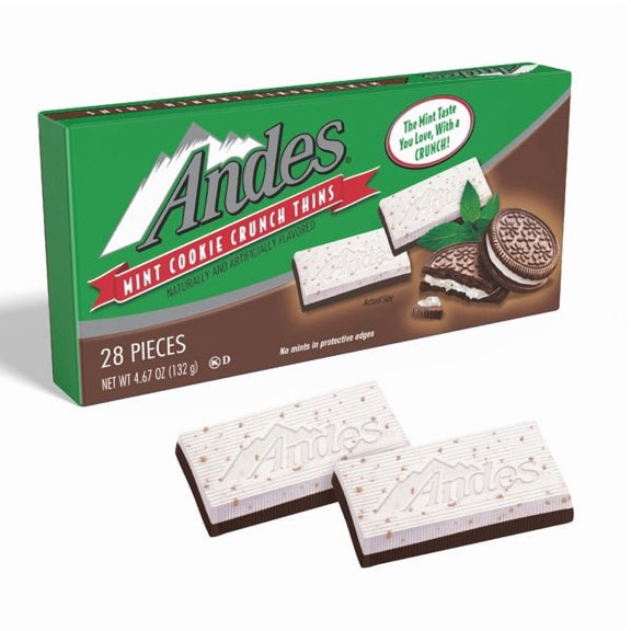 Andes, Mint Cookie Crunch, Chocolate Mint Candies, 4.67 oz. Peanut Free, Gluten Free. Contains Milk and Soy.