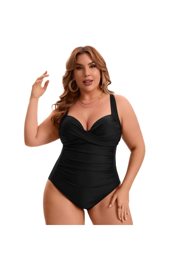 Women's Plus 1 Piece Crisscross V-neck Swimsuit 2X Black