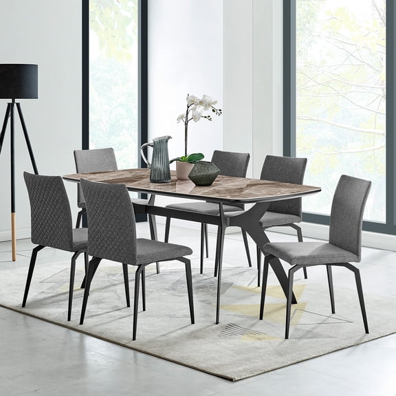 Andes and Lyon Gray Fabric 7 Piece Rectangular Dining Set
