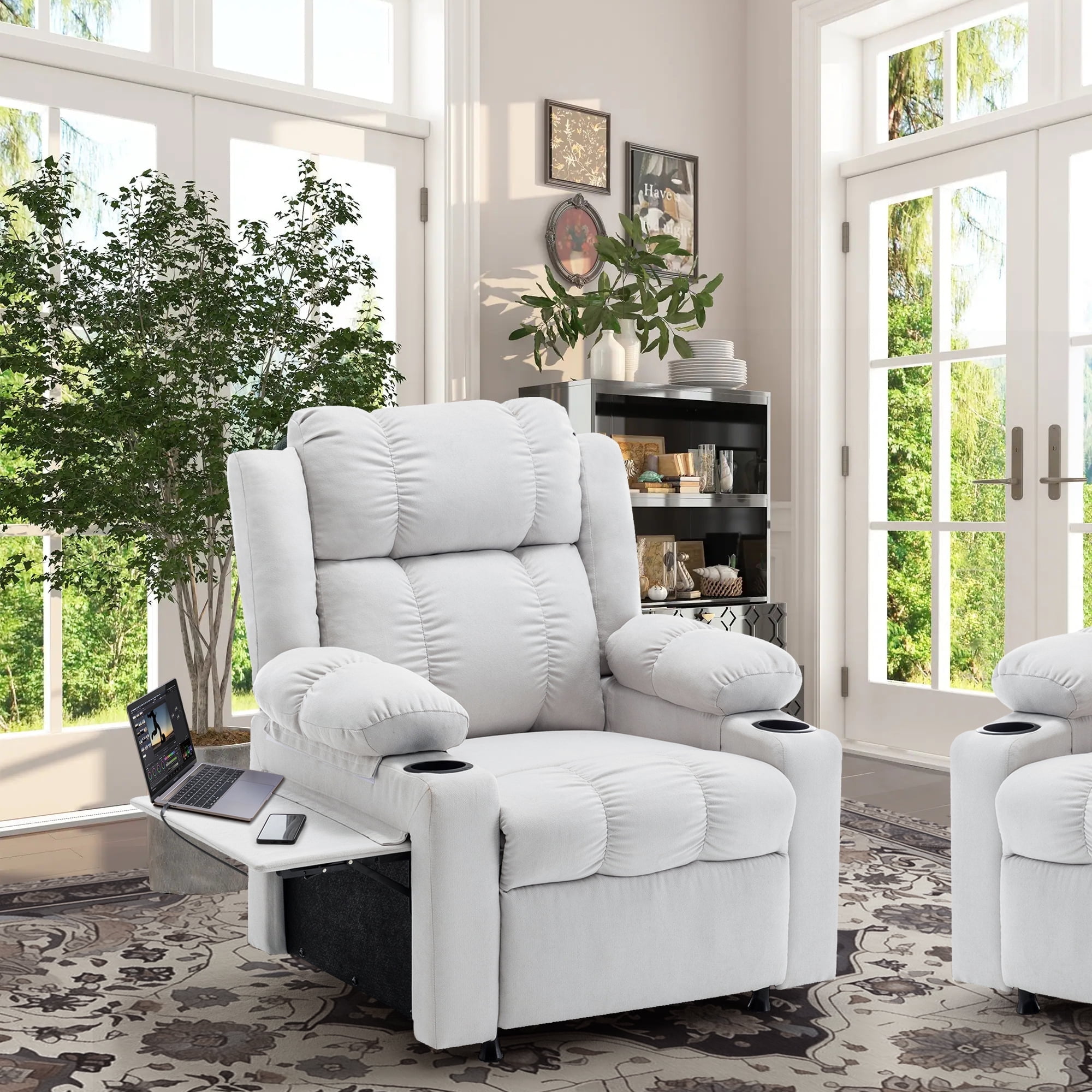 Andeworld 22" Recliner Chairs with Heat and Massage,Oversized Recliner Sofa chairs with Cup Holder, Side Pocket and Tray Taable for Living Rooms, Bedrooms, and Nurseries(Beige)