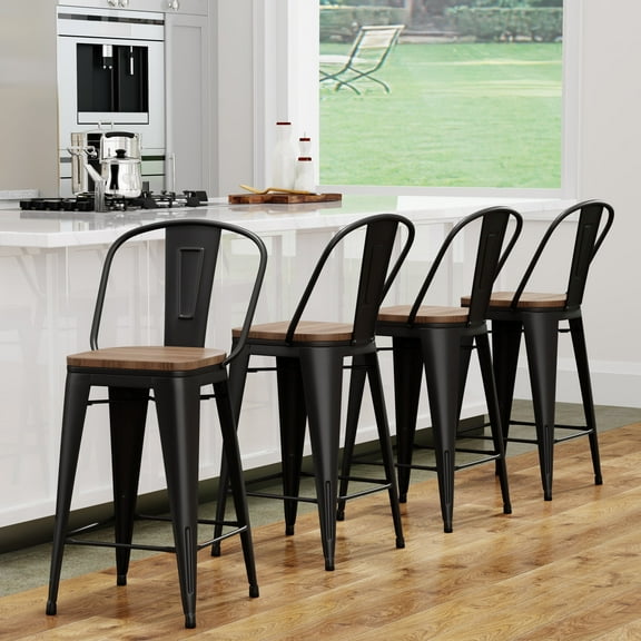 Andeworld 24" Bar Stools Set of 4,Counter Height Bar Stools with Larger Seat,Bar Stools with Back,Black Metal Bar Stools with Removable Back,Farmhouse Bar Stools,High Back Kitchen Bar Stools Chair