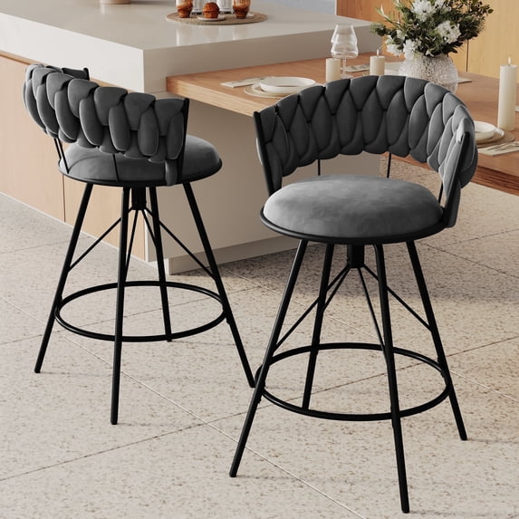 Andeworld 24'' Barstools set of 2, Modern Velvet Bar Stools with Woven Back, Counter Height Barstools with Upholstered Seating, Round Footrest, Grey