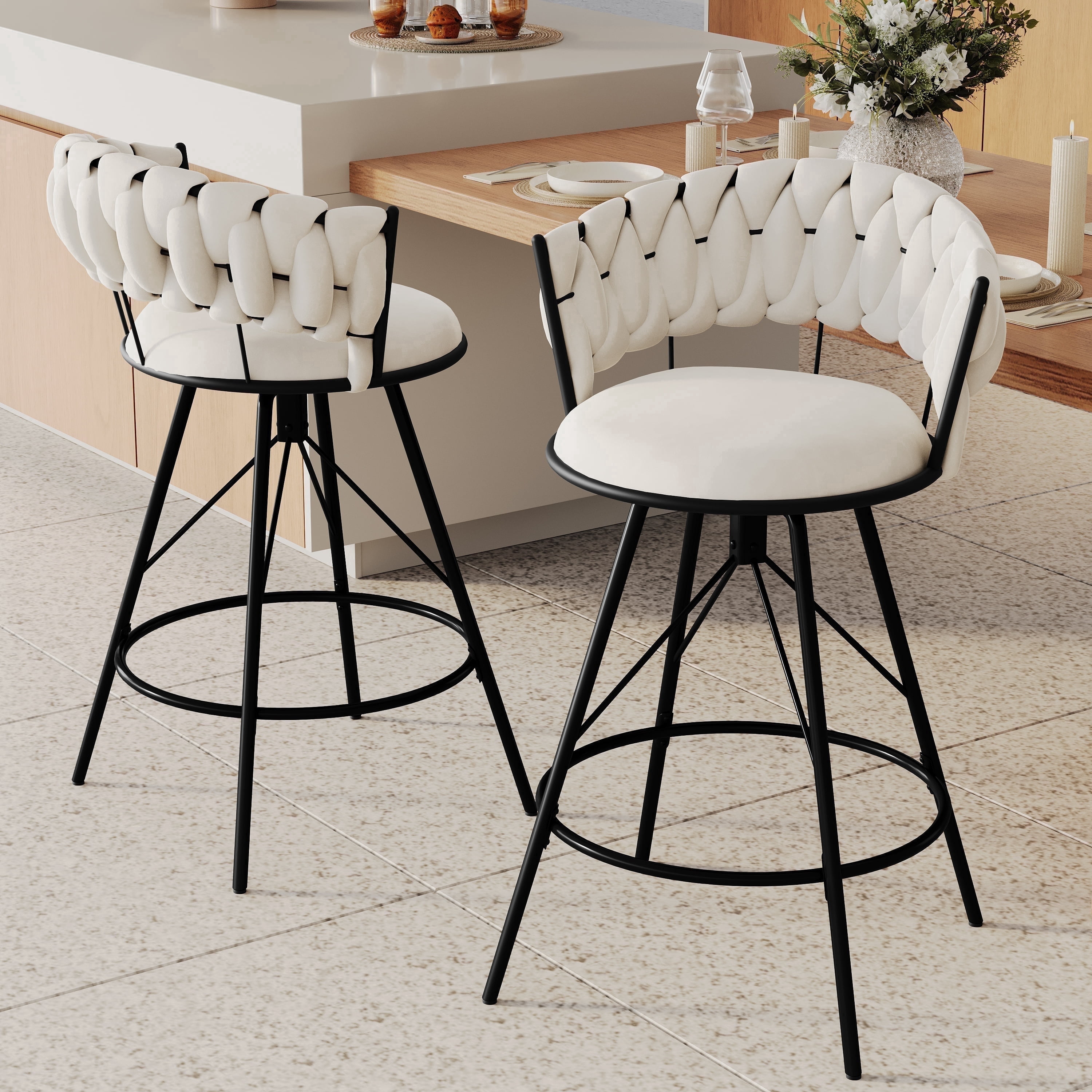 Andeworld 24'' Barstools set of 2, Modern Velvet Bar Stools with Woven Back, Counter Height Barstools with Upholstered Seating, Round Footrest, Ivory