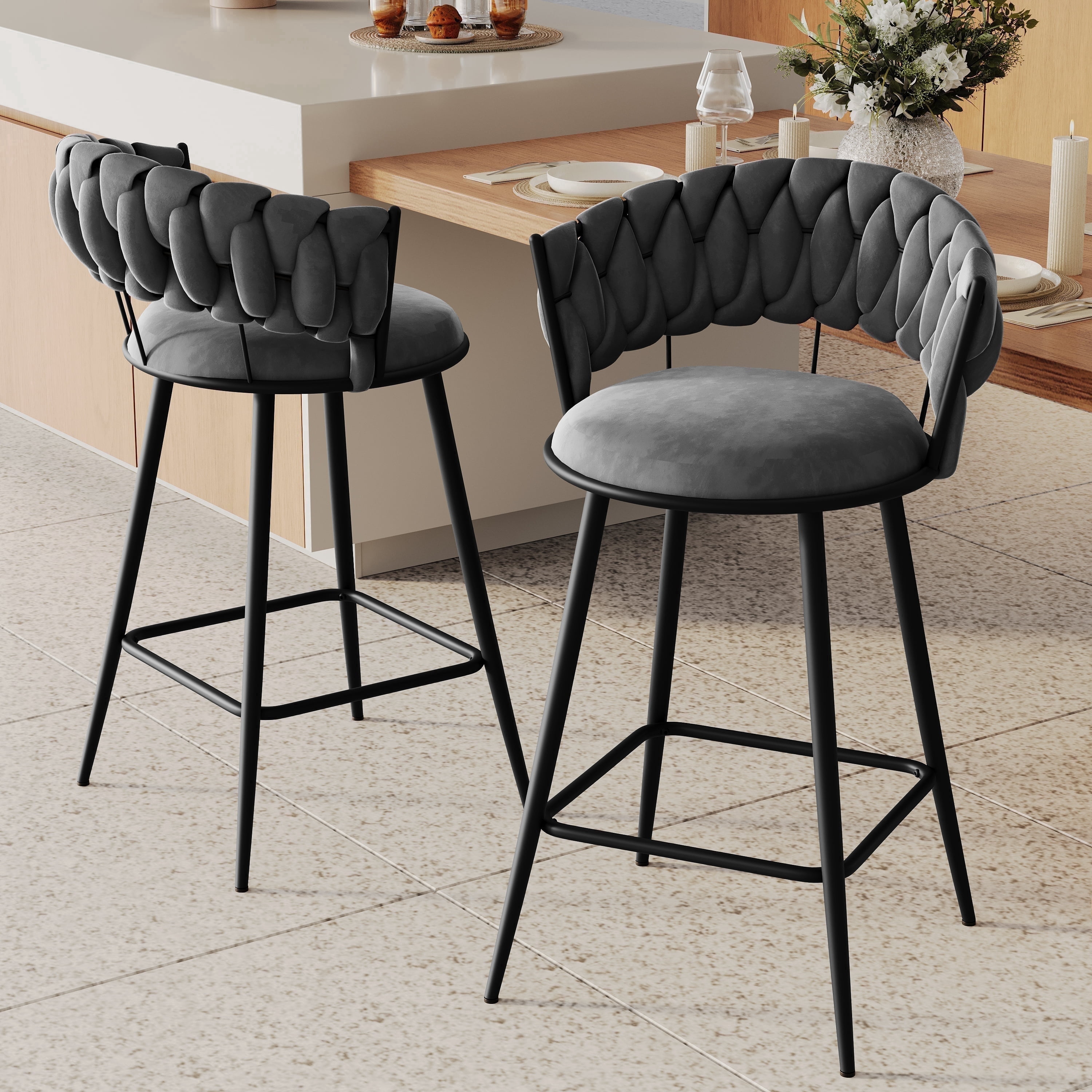 Andeworld 24'' Barstools set of 2, Modern Velvet Bar Stools with Woven Back, Counter Height Barstools with Upholstered Seating, Square Footrest, Grey