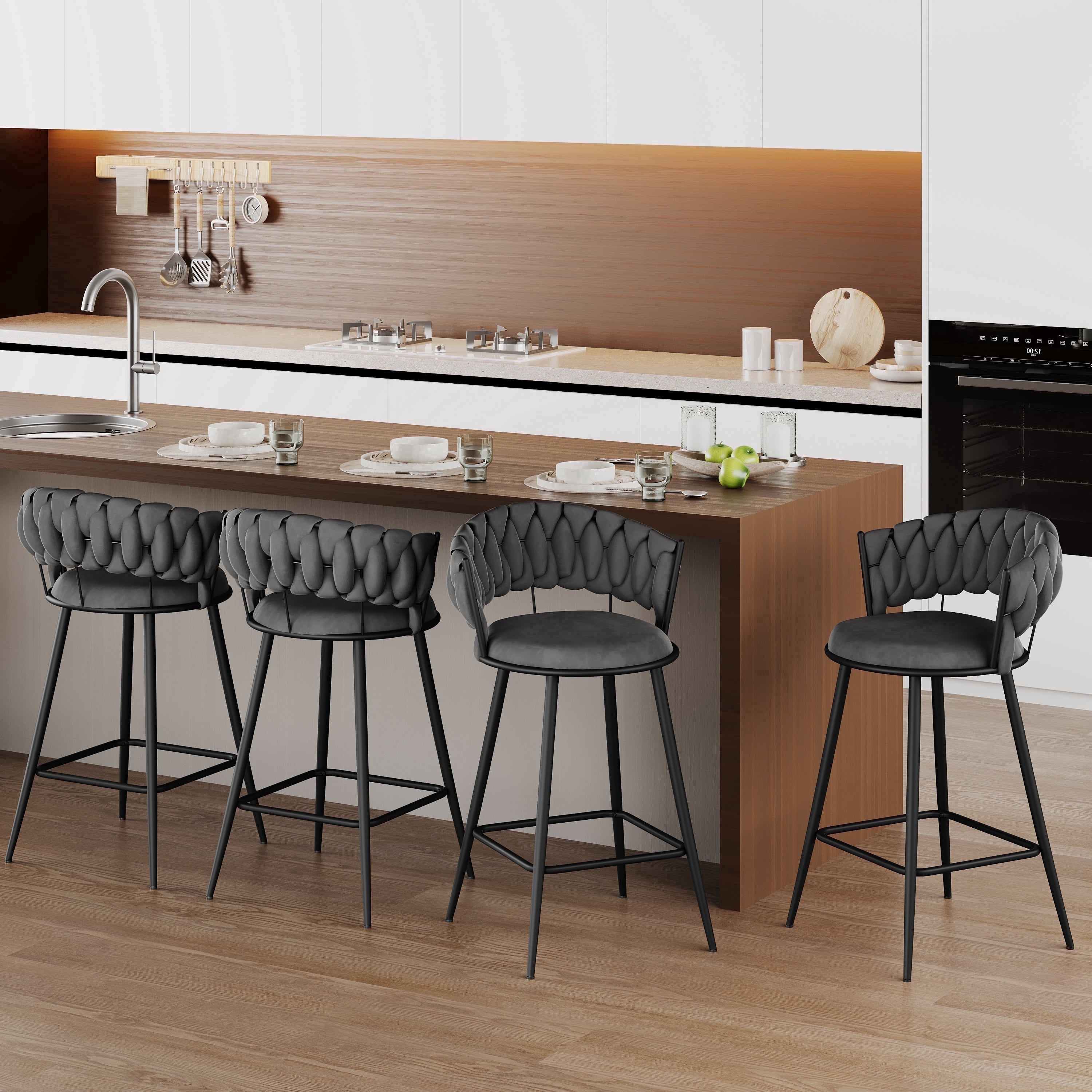 Andeworld 24'' Barstools set of 4, Modern Velvet Bar Stools with Woven Back, Counter Height Barstools with Upholstered Seating, Square Footrest, Grey
