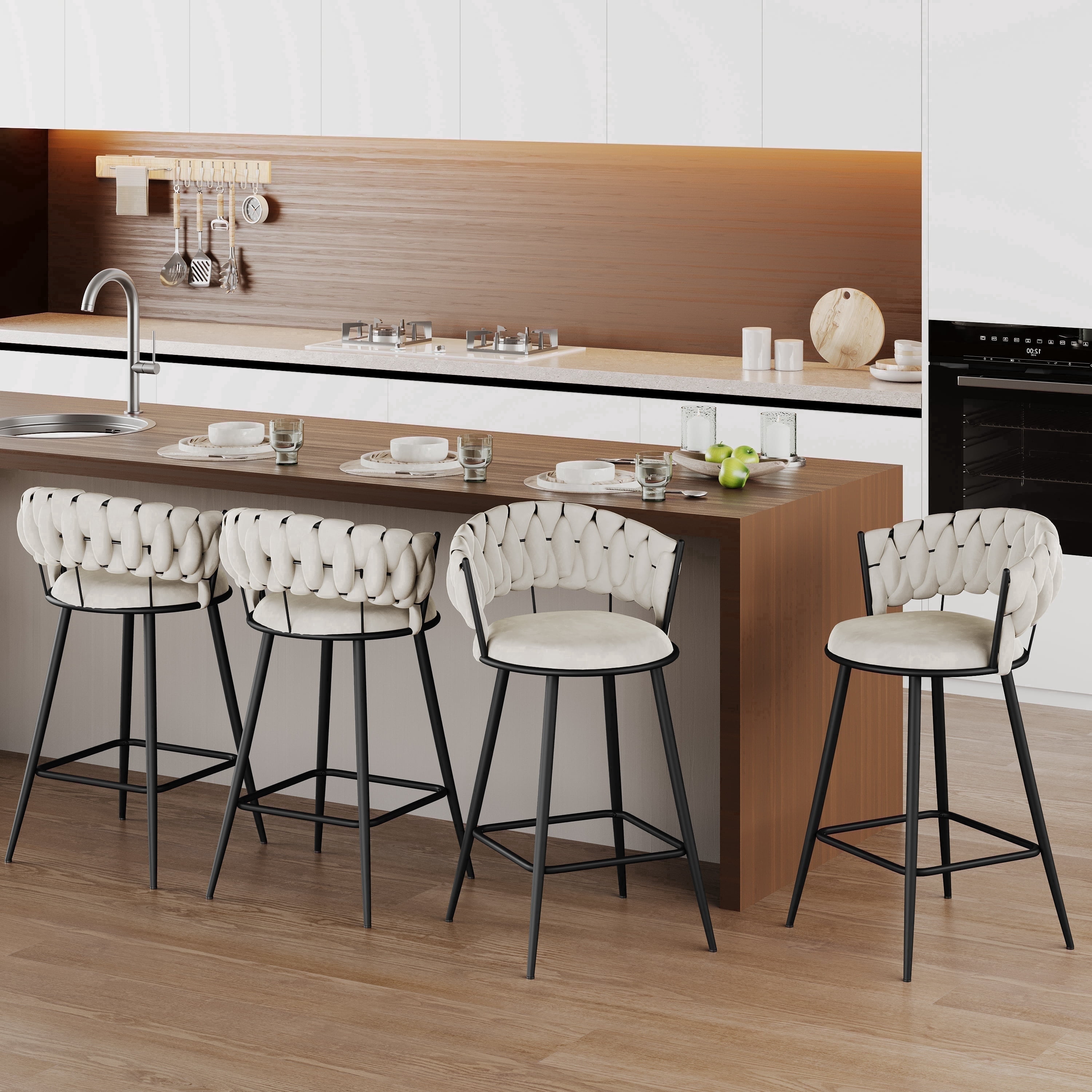 Andeworld 24'' Barstools set of 4, Modern Velvet Bar Stools with Woven Back, Counter Height Barstools with Upholstered Seating, Square Footrest, Ivory
