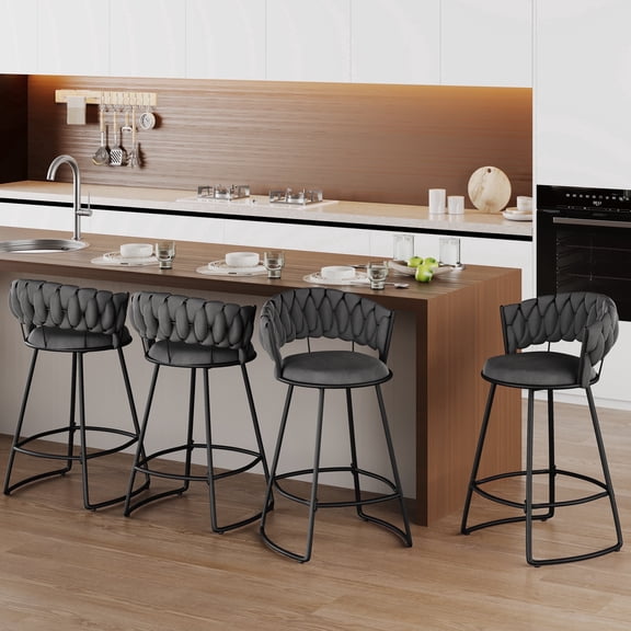 Andeworld 24'' Barstools set of 4, Modern Velvet Bar Stools with Woven Back, Counter Height Barstools with Upholstered Seating, U-Footrest, Grey