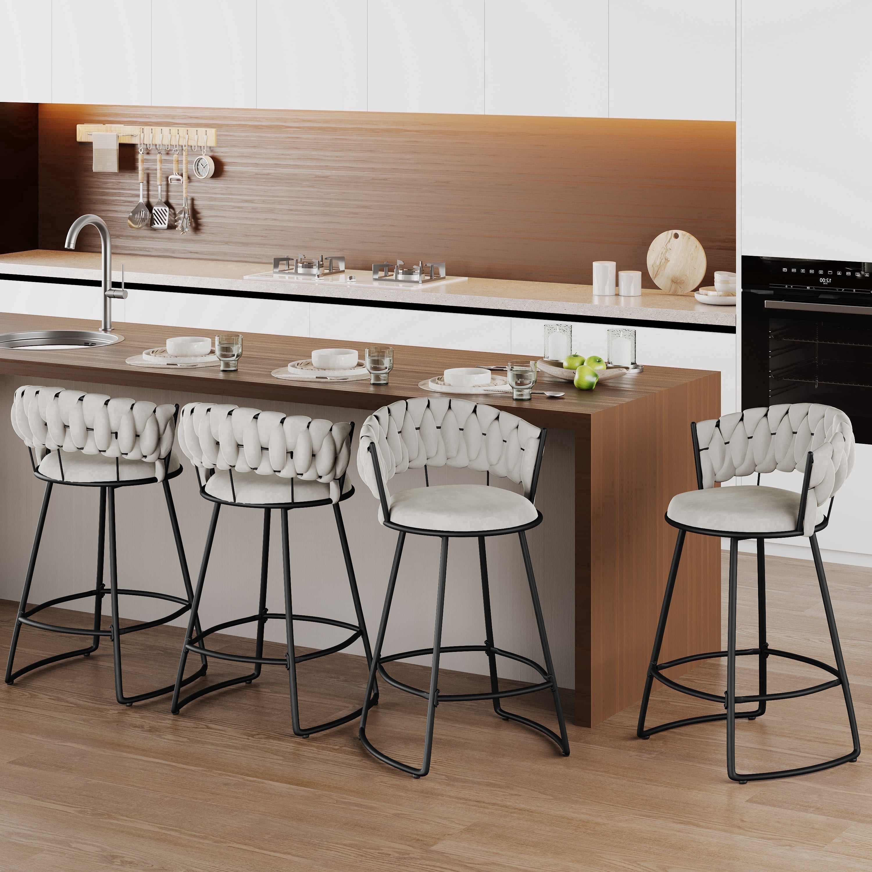 Andeworld 24'' Barstools set of 4, Modern Velvet Bar Stools with Woven Back, Counter Height Barstools with Upholstered Seating, U-Footrest, Ivory