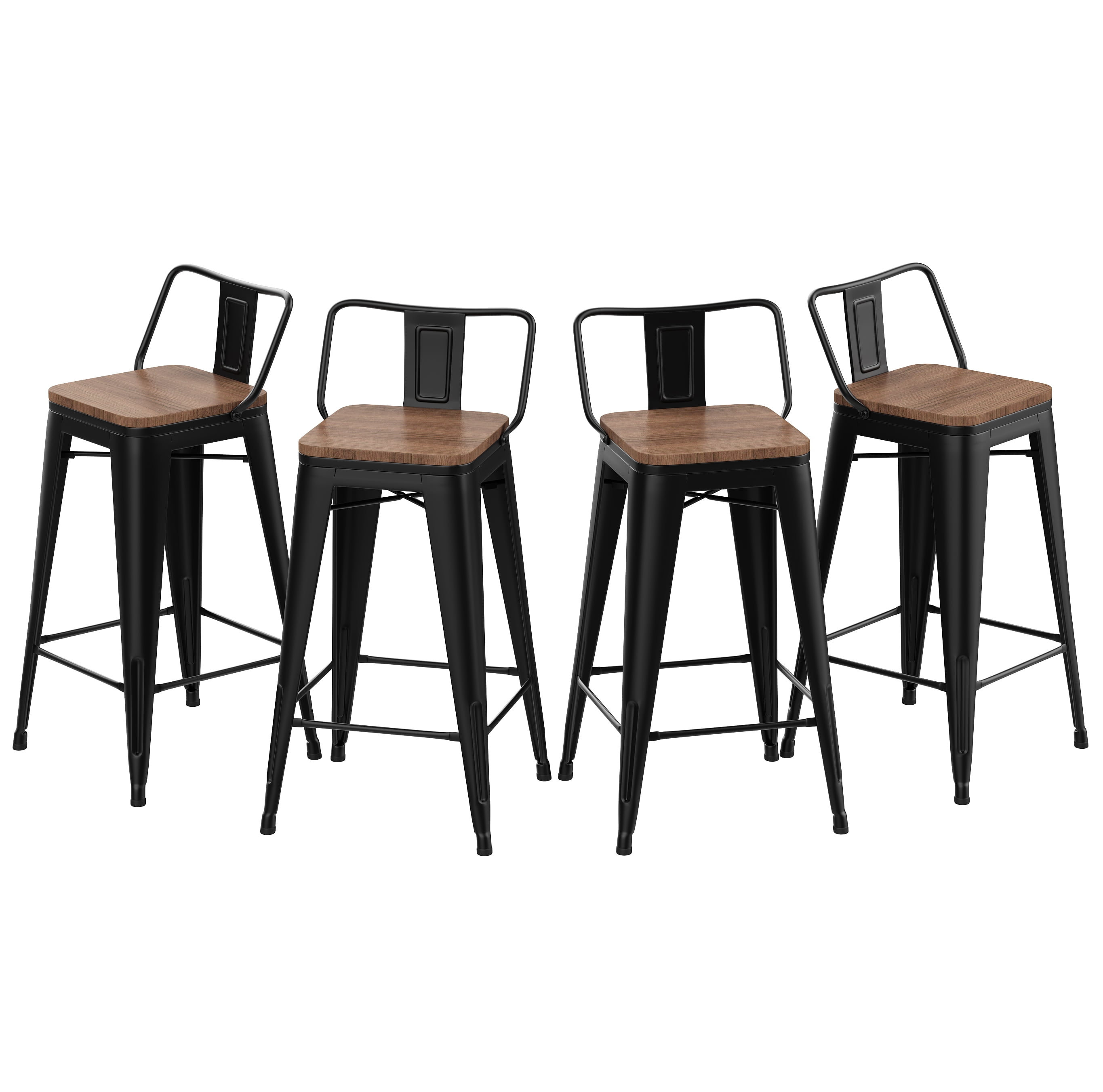 Set of 4 Black Metal Bar Stools with Wood Seats