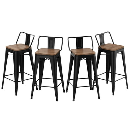 Andeworld 24" Metal Barstools Set of 4 Counter Height Bar Stools with Back (24" Seat Height, Wooden Top Low Back Matte Black)