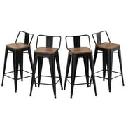 Andeworld 24" Metal Barstools Set of 4 Counter Height Bar Stools with Back 24" Seat Height, Wooden Top Low Back Matte Black