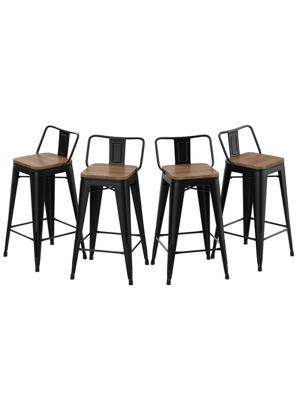 Andeworld 24" Metal Barstools Set of 4 Counter Height Bar Stools with Back (24" Seat Height, Wooden Top Low Back Matte Black)