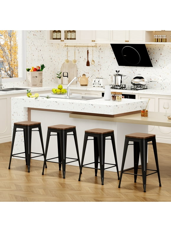 Andeworld 24" Set of 4 Metal Bar Stools Stackable Counter Height Barstools Wood Seat Backless Rustic Kitchen Bar Chairs (Black)