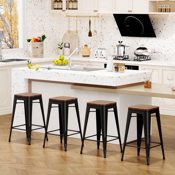 Andeworld 24" Set of 4 Metal Bar Stools Stackable Counter Height Barstools Wood Seat Backless Rustic Kitchen Bar Chairs (Black)