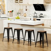 Andeworld 24" Set of 4 Metal Bar Stools Stackable Counter Height Barstools Wood Seat Backless Rustic Kitchen Bar Chairs Black