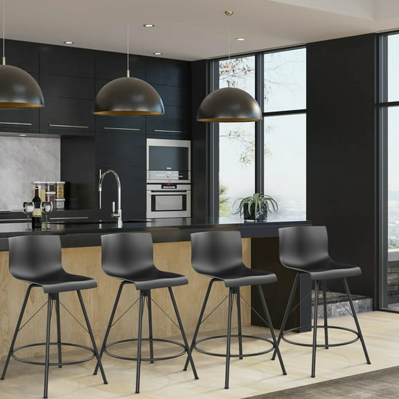Andeworld 24" Swivel Bar Stools with Backs Plastic Counter Height Stools Set of 4 Metal Legs Black