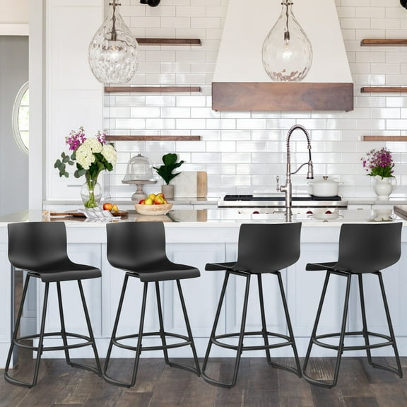 Andeworld 24" Swivel Bar Stools with Backs Plastic Counter Height Stools with Metal Legs (Set of 4, Black）