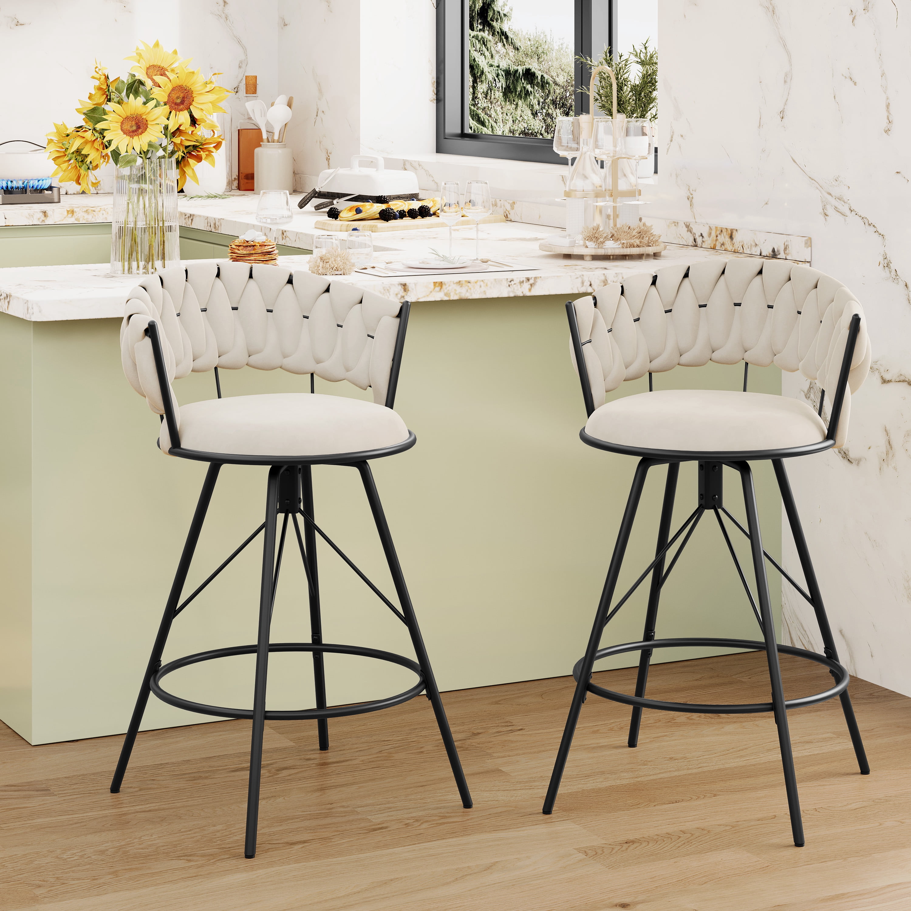 Andeworld 26'' Bar Stools with Woven Back set of 2, Modern Velvet Barstools with Upholstered Seating, Counter Height Barstool in Round Footrest, Ivory
