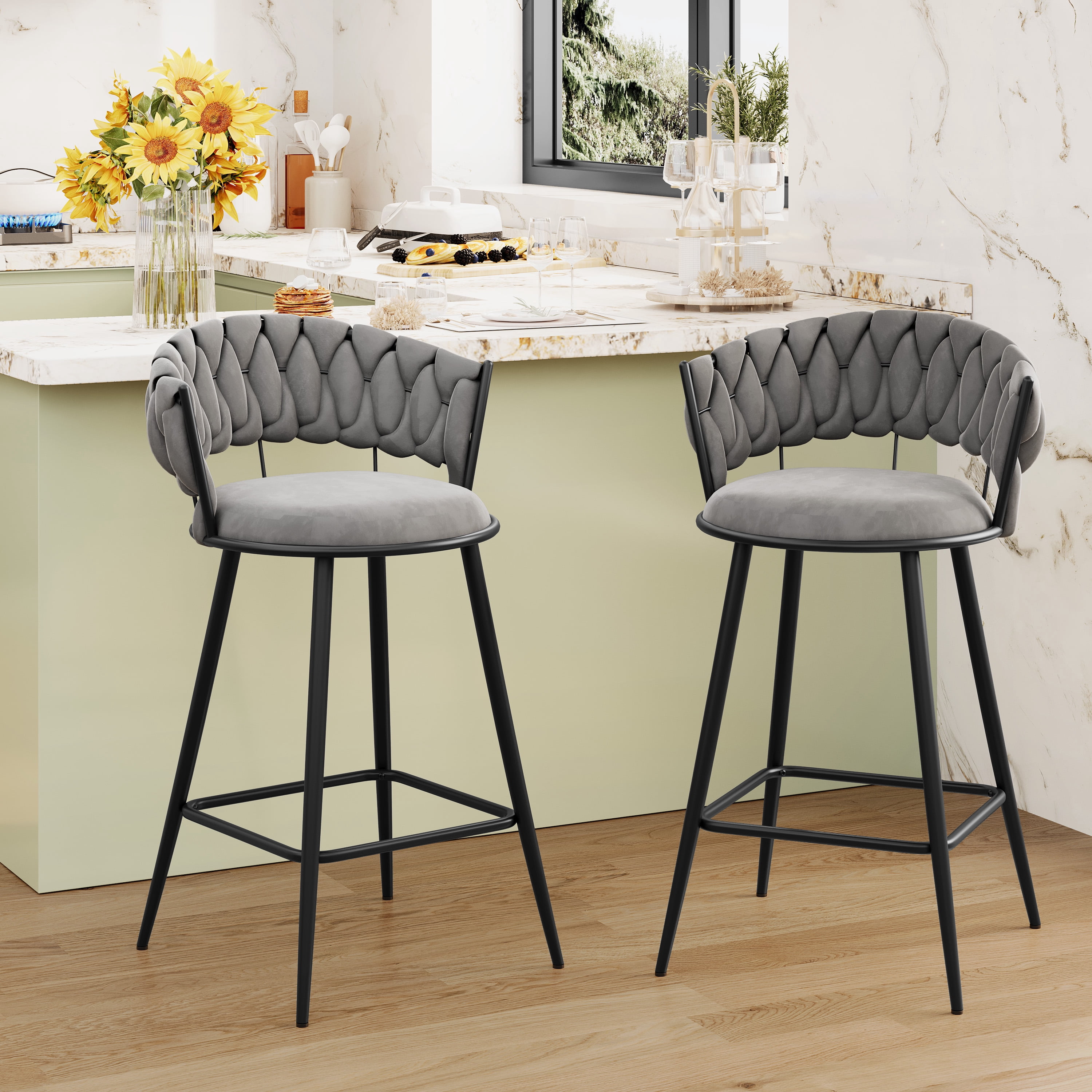Andeworld 26'' Bar Stools with Woven Back set of 2, Modern Velvet Barstools with Upholstered Seating, Counter Height Barstool in Square Footrest, Gray