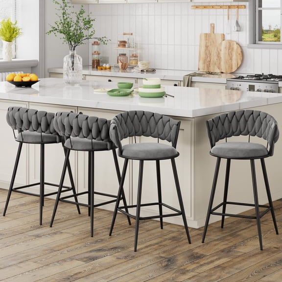 Andeworld 26'' Bar Stools with Woven Back set of 4, Modern Velvet Barstools with Upholstered Seating, Counter Height Barstool in Square Footrest, Gray