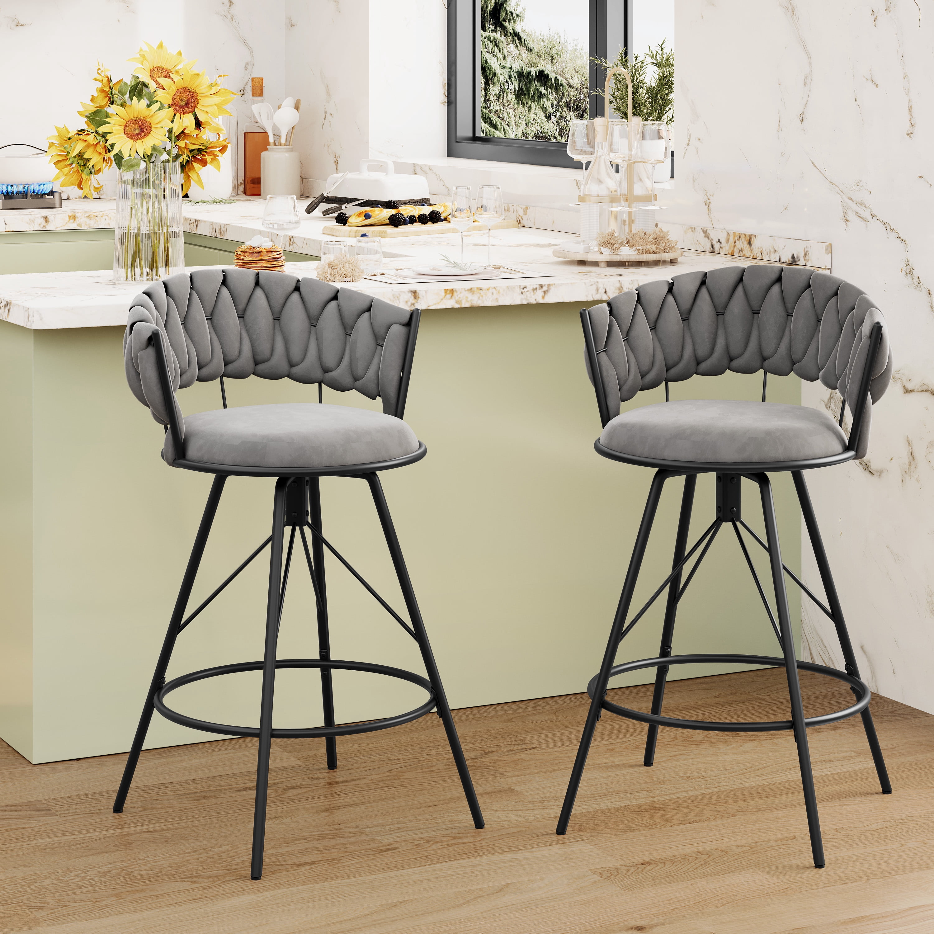 Andeworld 26'' Bar Stools with Woven Back set of 2, Modern Velvet Barstools with Upholstered Seating, Counter Height Barstool in Round Footrest, Gray