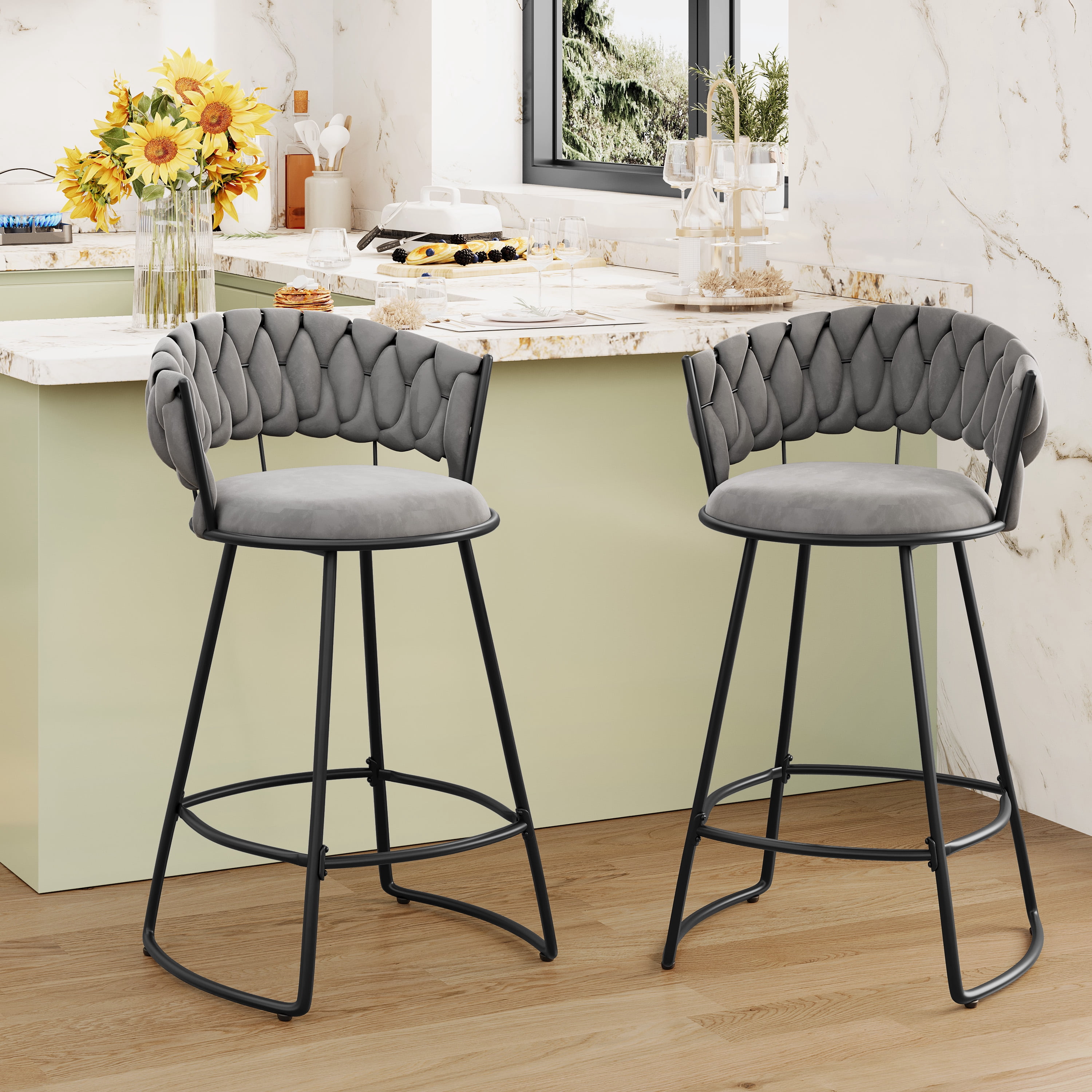 Andeworld 26'' Bar Stools with Woven Back set of 2, Modern Velvet Barstools with Upholstered Seating, Counter Height Barstool in U-Footrest, Gray