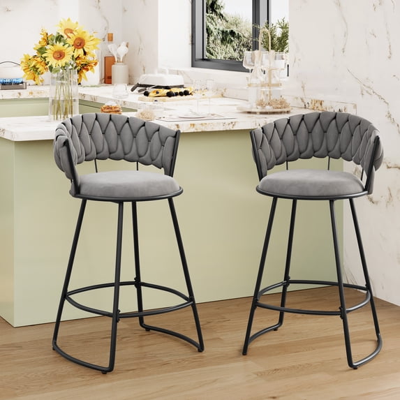 Andeworld 26'' Bar Stools with Woven Back set of 2, Modern Velvet Barstools with Upholstered Seating, Counter Height Barstool in U-Footrest, Gray